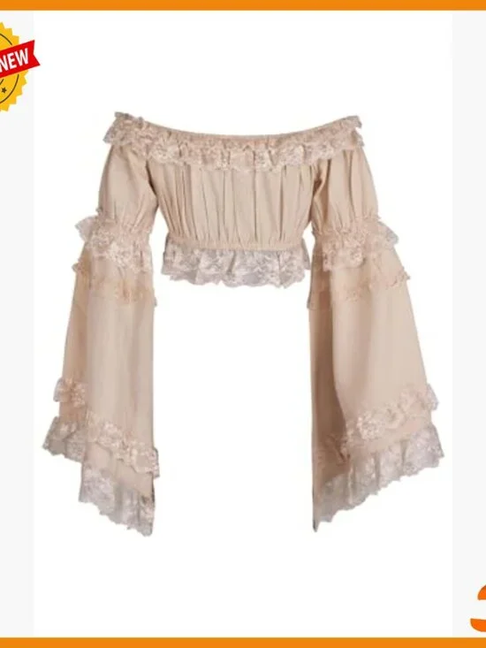 Beige Crepe Smocked Flare Sleeve Peasant Top Off Shoulder Blouse - Picture 3 of 3